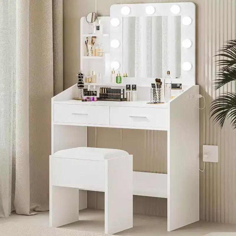 Coiffeuse avec miroir et lumières pour chambre à coucher, table de maquillage avec 2 tiroirs, 3 modes d'éclairage et LED à intensité variableCoiffeuse avec miroir et lumières pour chambre à coucher