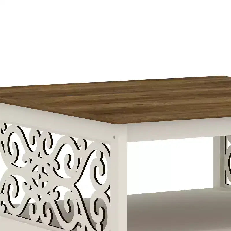 Table basse carrée avec panneaux décoratifs ajourés et étagère inférieure 34.9 L x 34.9 P x 17.1 H