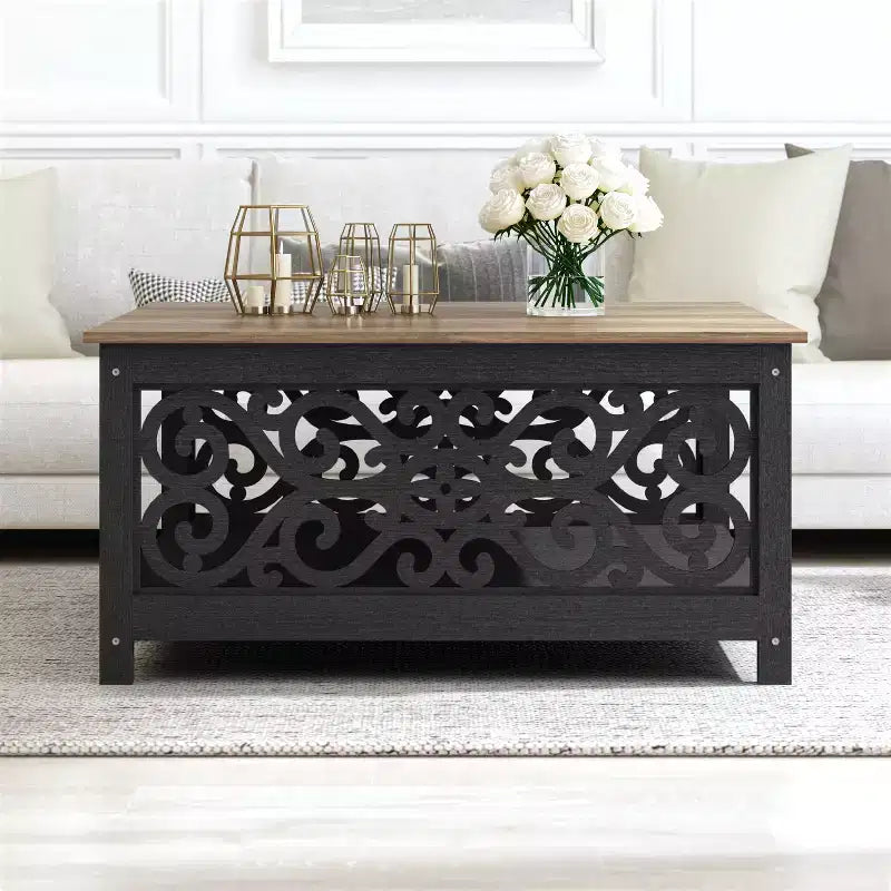 Table basse carrée avec panneaux décoratifs ajourés et étagère inférieure 34.9 L x 34.9 P x 17.1 H