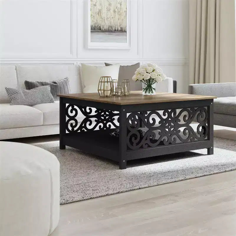 Table basse carrée avec panneaux décoratifs ajourés et étagère inférieure 34.9 L x 34.9 P x 17.1 H