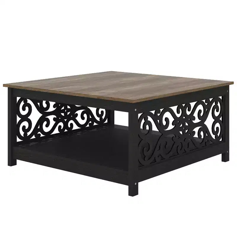 Table basse carrée avec panneaux décoratifs ajourés et étagère inférieure 34.9 L x 34.9 P x 17.1 H