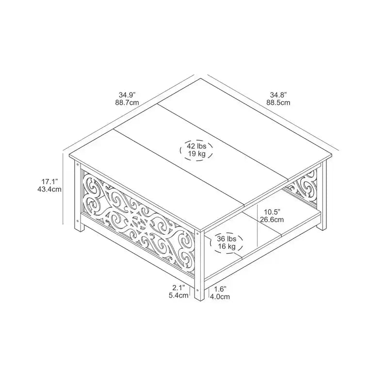 Table basse carrée avec panneaux décoratifs ajourés et étagère inférieure 34.9 L x 34.9 P x 17.1 H