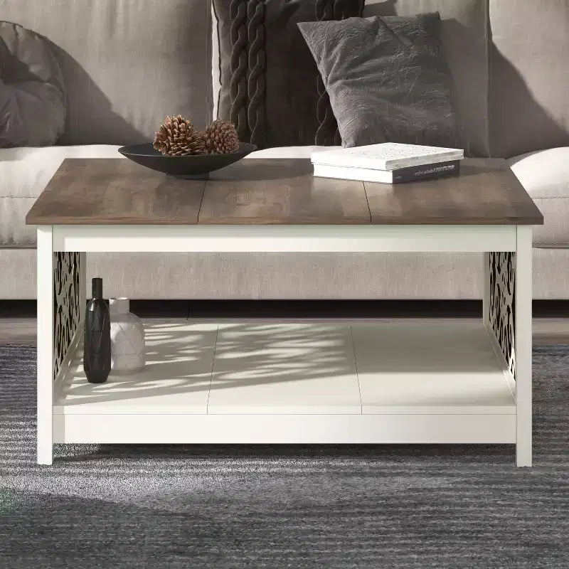 Table basse carrée avec panneaux décoratifs ajourés et étagère inférieure 34.9 L x 34.9 P x 17.1 H