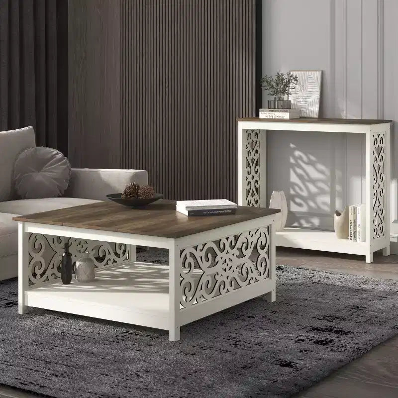 Table basse carrée avec panneaux décoratifs ajourés et étagère inférieure 34.9 L x 34.9 P x 17.1 H