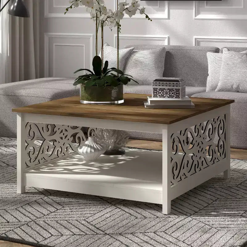 Table basse carrée avec panneaux décoratifs ajourés et étagère inférieure 34.9 L x 34.9 P x 17.1 H
