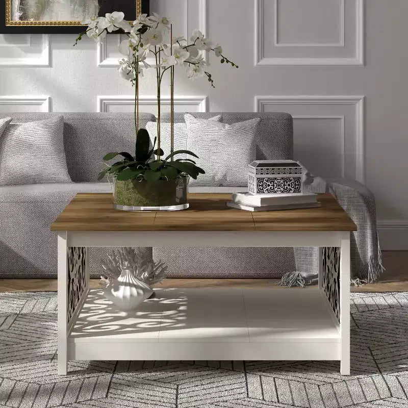 Table basse carrée avec panneaux décoratifs ajourés et étagère inférieure 34.9 L x 34.9 P x 17.1 H
