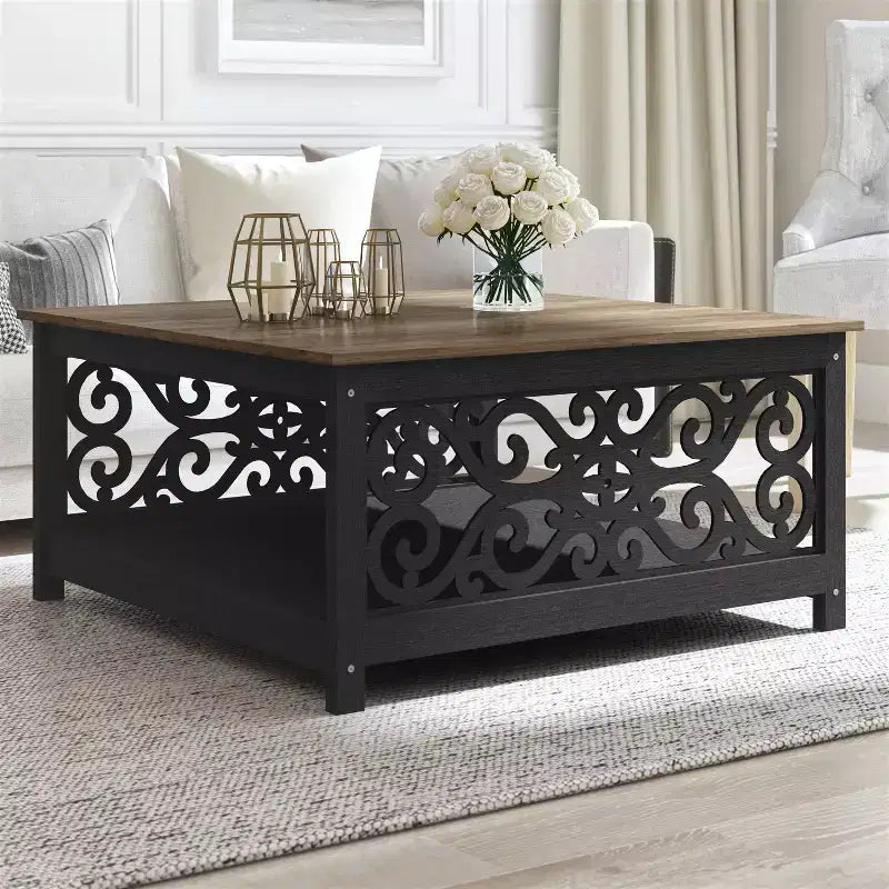 Galano Square Coffee Table with Decorative Cut-Out Panels and Lower Shelf 34.9 W x 34.9 D x 17.1 H