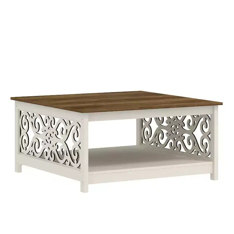 Table basse carrée avec panneaux décoratifs ajourés et étagère inférieure 34.9 L x 34.9 P x 17.1 H
