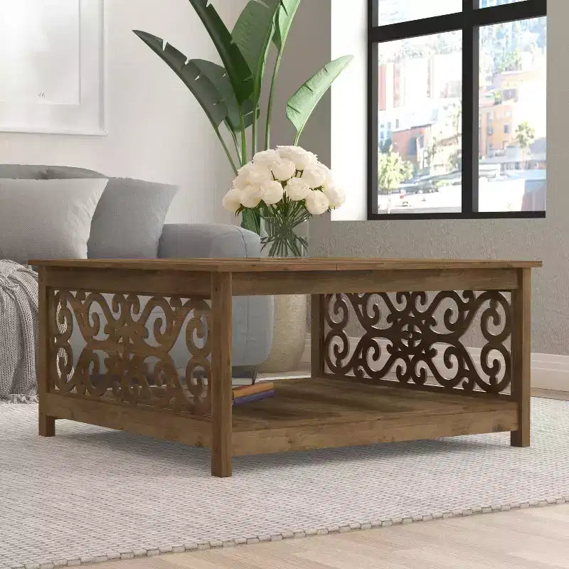 Table basse carrée avec panneaux décoratifs ajourés et étagère inférieure 34.9 L x 34.9 P x 17.1 H