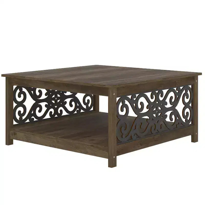 Table basse carrée avec panneaux décoratifs ajourés et étagère inférieure 34.9 L x 34.9 P x 17.1 H