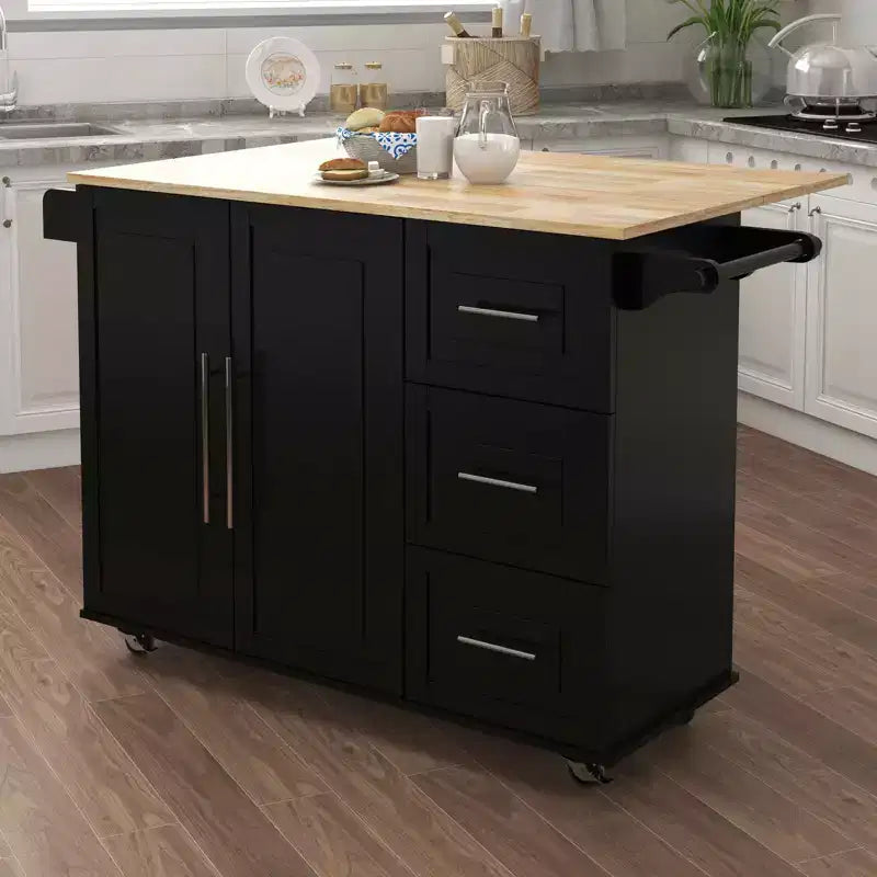 MAYEERTY Black Kitchen Island, Extensible Solid Wood Top Spice Rack Towel Rack