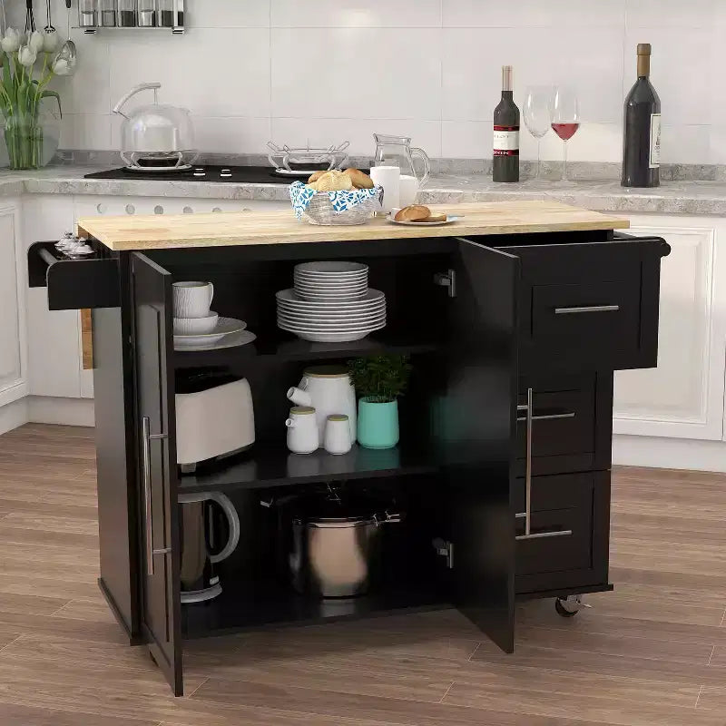 Îlot de cuisine noir, plan de travail extensible en bois massif, porte-épices, porte-serviettes