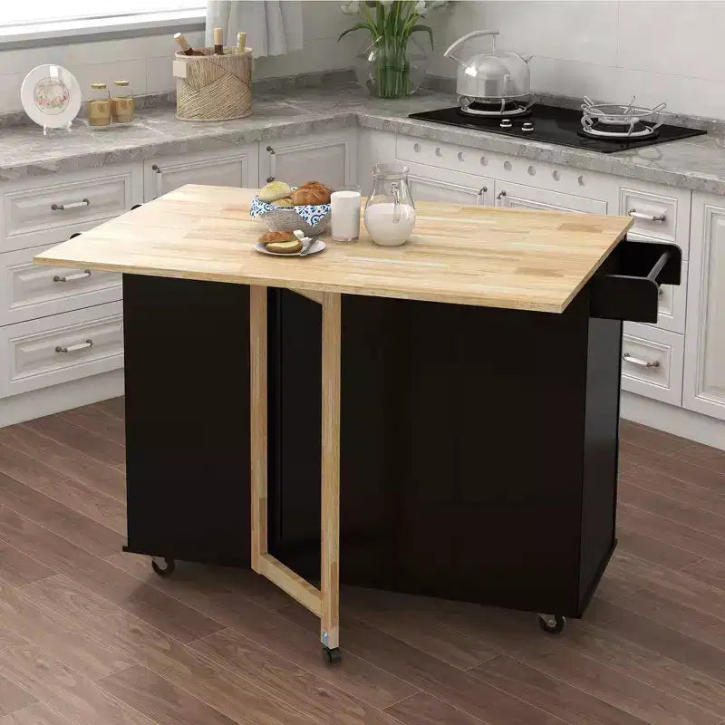 Îlot de cuisine noir, plan de travail extensible en bois massif, porte-épices, porte-serviettes