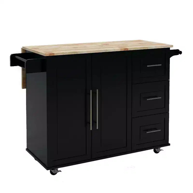 Îlot de cuisine noir, plan de travail extensible en bois massif, porte-épices, porte-serviettes