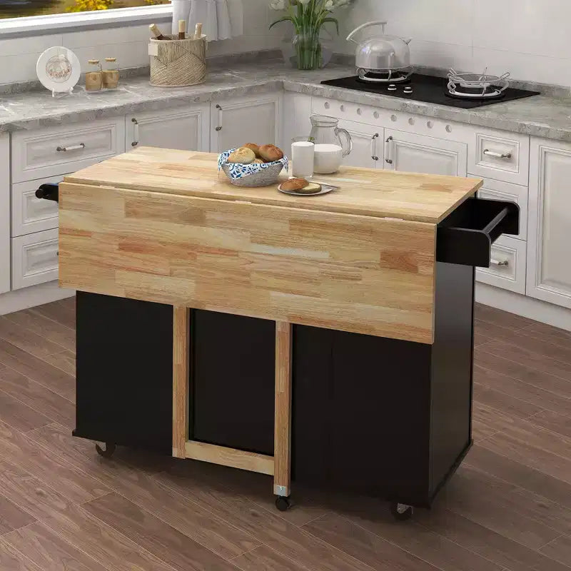 Îlot de cuisine noir, plan de travail extensible en bois massif, porte-épices, porte-serviettes