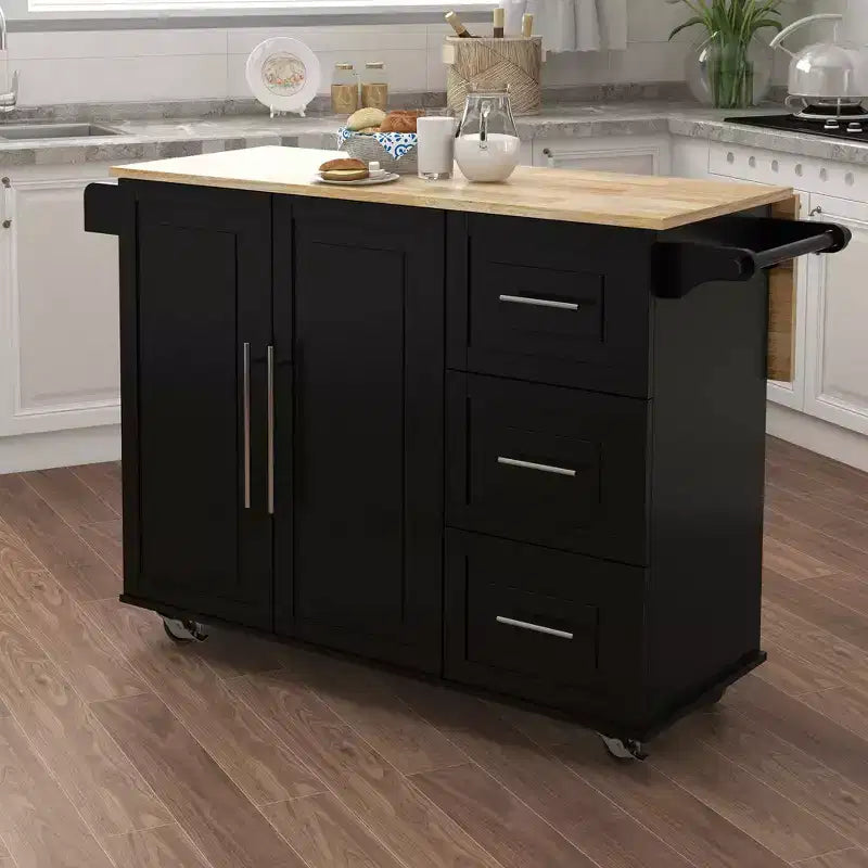Îlot de cuisine noir, plan de travail extensible en bois massif, porte-épices, porte-serviettes