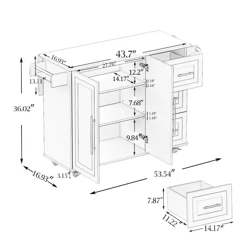 Îlot de cuisine noir, plan de travail extensible en bois massif, porte-épices, porte-serviettes