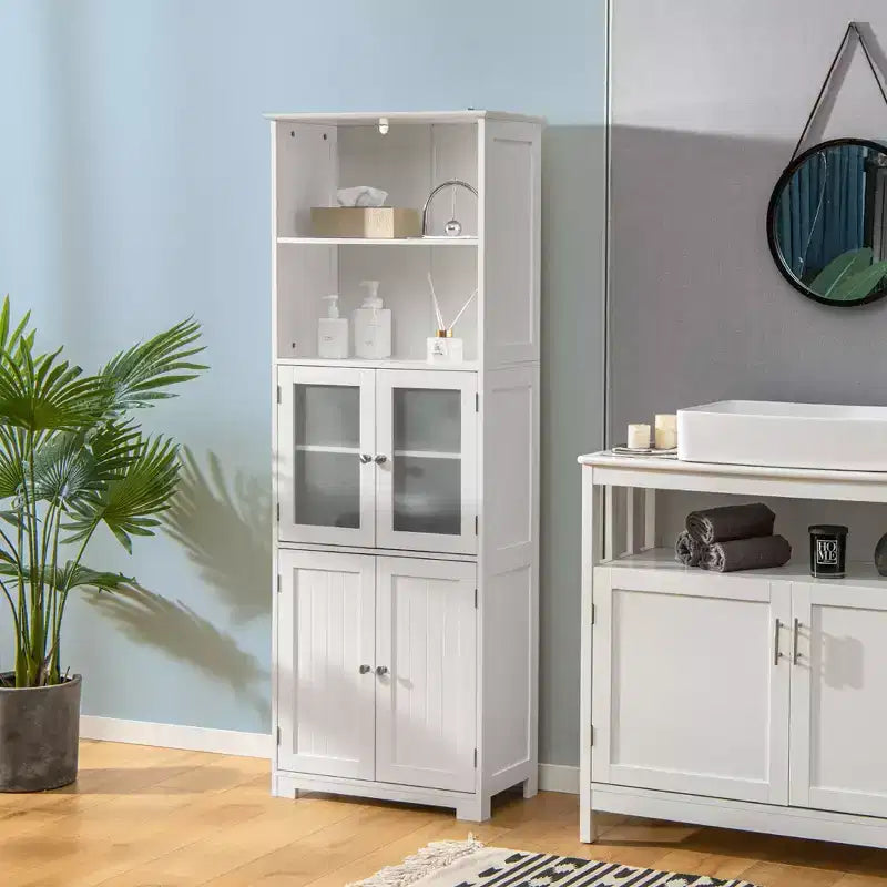 Meuble colonne de salle de bain avec porte vitrée et étagère réglable