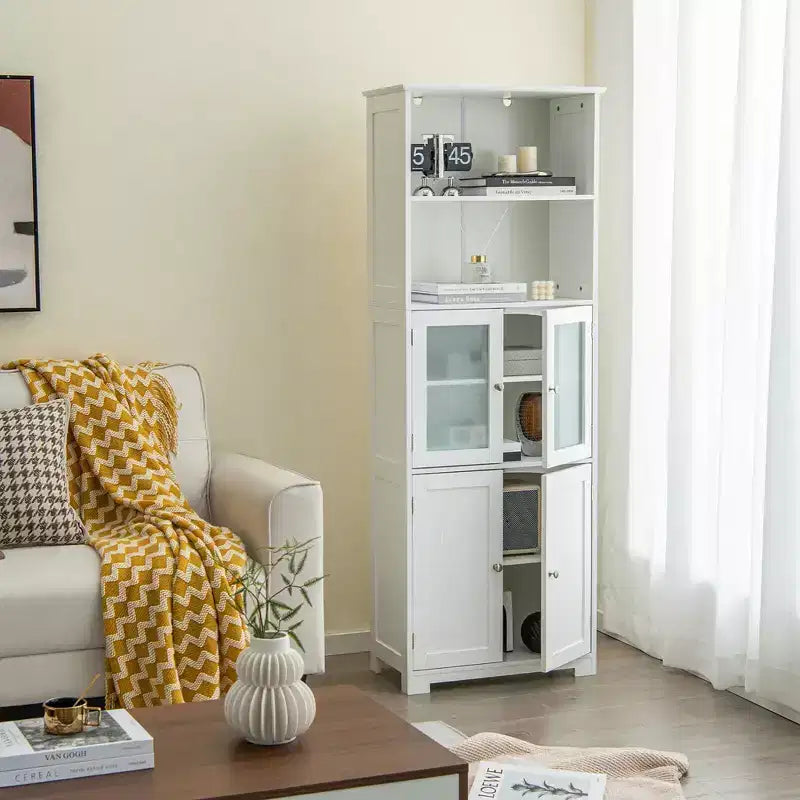 Meuble colonne de salle de bain avec porte vitrée et étagère réglable