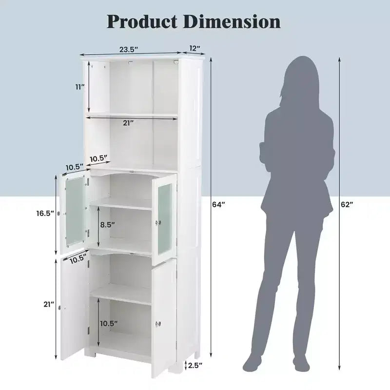 Meuble colonne de salle de bain avec porte vitrée et étagère réglable