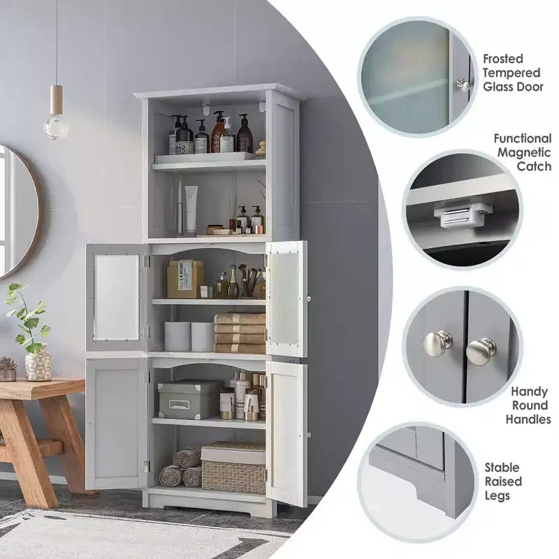 Meuble colonne de salle de bain avec porte vitrée et étagère réglable