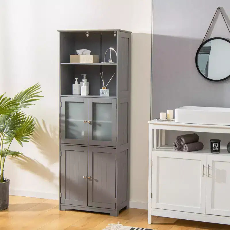 Meuble colonne de salle de bain avec porte vitrée et étagère réglable