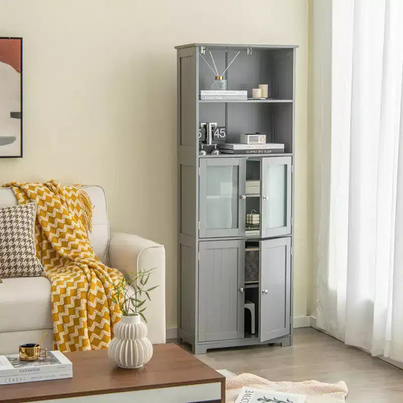Meuble colonne de salle de bain avec porte vitrée et étagère réglable