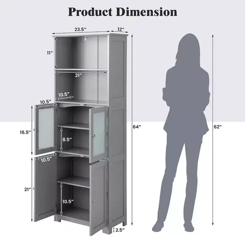 Meuble colonne de salle de bain avec porte vitrée et étagère réglable