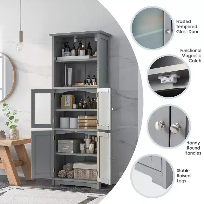 Meuble colonne de salle de bain avec porte vitrée et étagère réglable