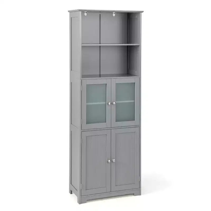 Costway Bathroom Tall Storage Cabinet Linen Tower w/ Glass Door & Adjustable Shelf