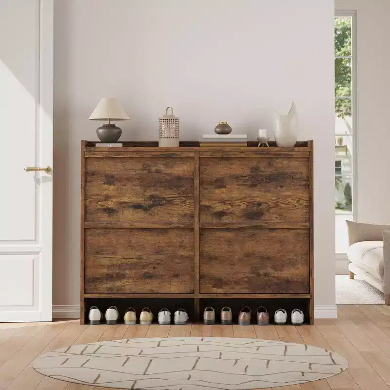Meuble à chaussures 4 tiroirs à abattant avec étagère réglable – Organisateur de rangement en bois polyvalent pour le couloir, l'entrée et le salon