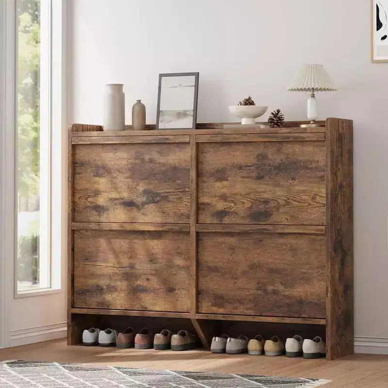 Meuble à chaussures 4 tiroirs à abattant avec étagère réglable – Organisateur de rangement en bois polyvalent pour le couloir, l'entrée et le salon