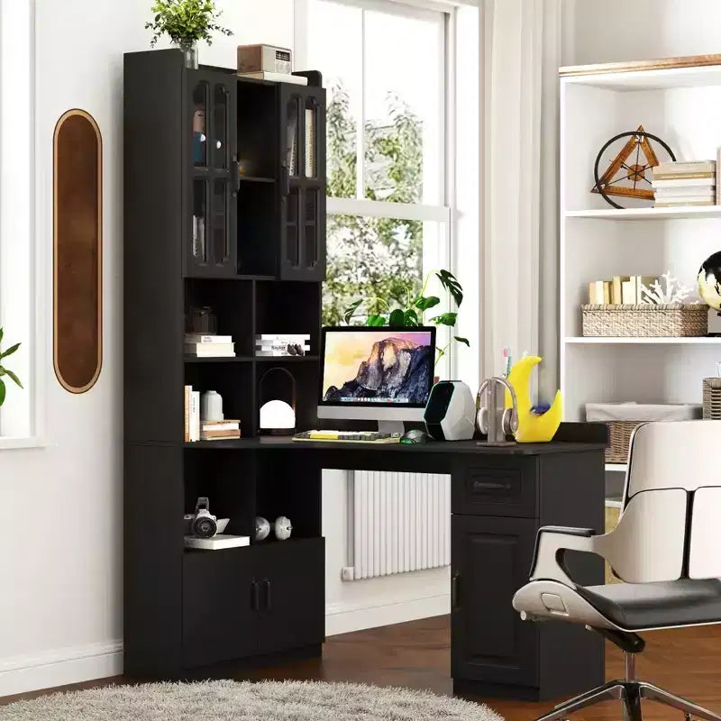 L Shaped Computer Desk With Hutch, Office Corner Desk with Drawer & Bookshelf, Study Table Writing Desk, Gaming Computer Desk for Study Room Black
