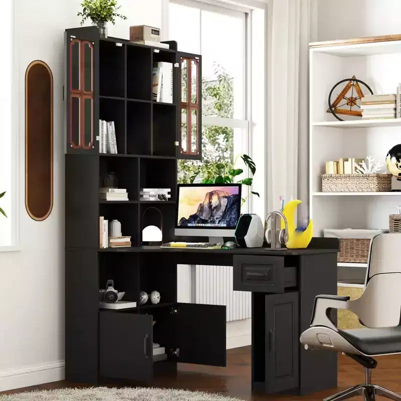 Bureau d'ordinateur en forme de L avec huche, bureau d'angle avec tiroir et étagère, table d'étude, bureau d'écriture, bureau d'ordinateur de jeu pour salle d'étude noir