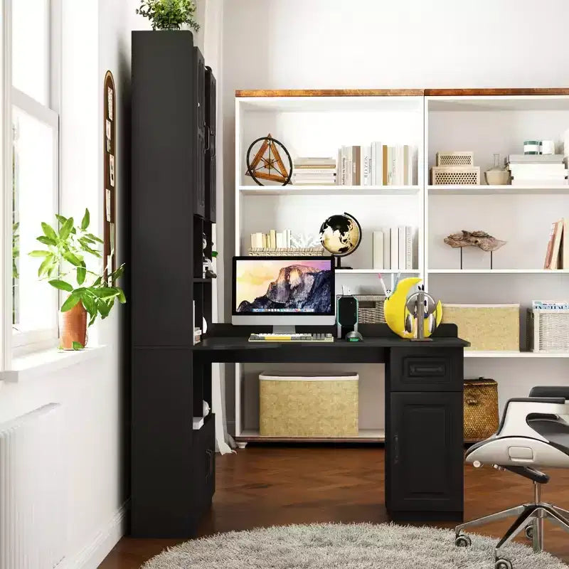 Bureau d'ordinateur en forme de L avec huche, bureau d'angle avec tiroir et étagère, table d'étude, bureau d'écriture, bureau d'ordinateur de jeu pour salle d'étude noir