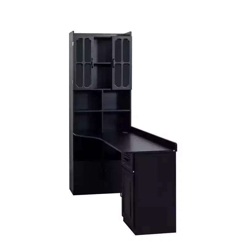 Bureau d'ordinateur en forme de L avec huche, bureau d'angle avec tiroir et étagère, table d'étude, bureau d'écriture, bureau d'ordinateur de jeu pour salle d'étude noir