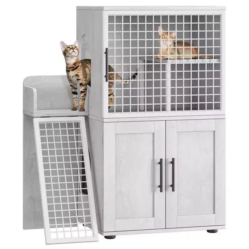 Cat Litter Box Furniture, Hidden Litter Box Enclosure 41.9'' - Double Layer Modern Cat House with Platform Ladder Indoor Washroom Villa Cabinet