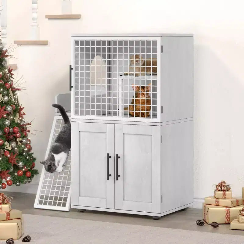 Meuble de litière pour chat, cache-litière 106,4 cm - Maison de chat moderne à double couche avec échelle-plateforme, villa de toilettage intérieure, armoire