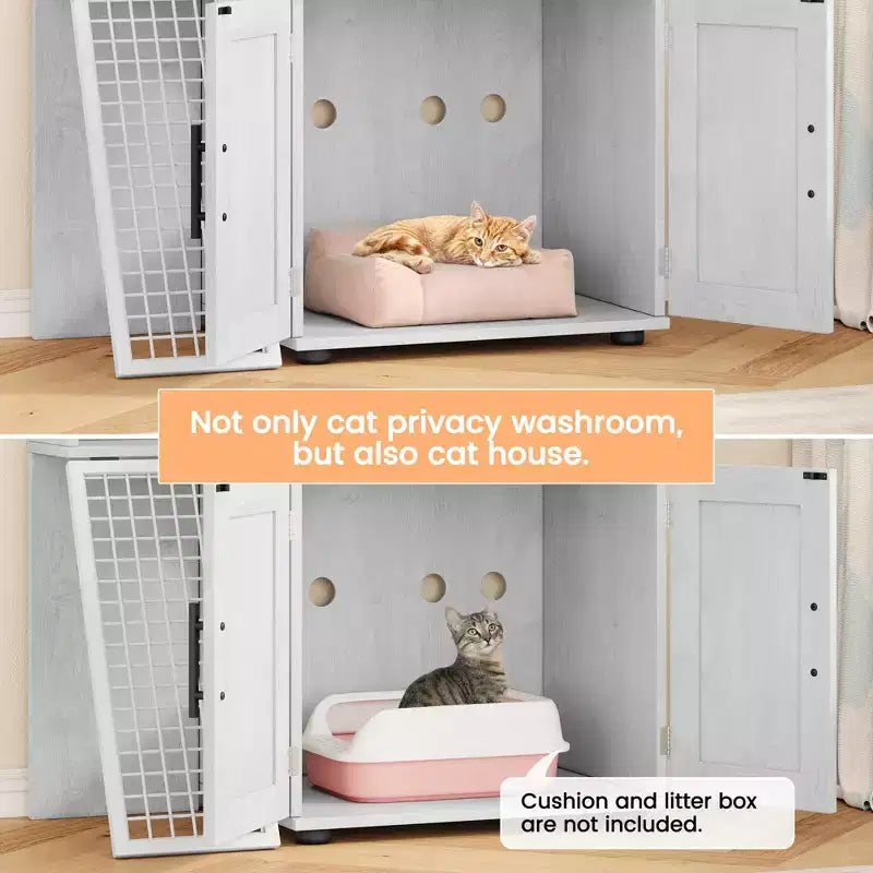 Meuble de litière pour chat, cache-litière 106,4 cm - Maison de chat moderne à double couche avec échelle-plateforme, villa de toilettage intérieure, armoire