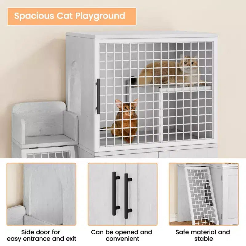 Meuble de litière pour chat, cache-litière 106,4 cm - Maison de chat moderne à double couche avec échelle-plateforme, villa de toilettage intérieure, armoire