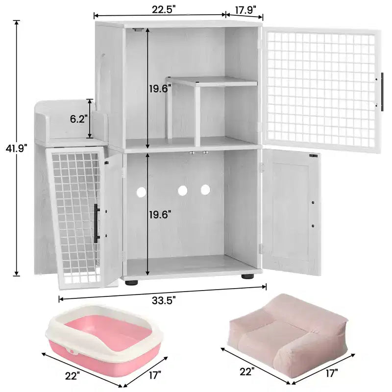 Meuble de litière pour chat, cache-litière 106,4 cm - Maison de chat moderne à double couche avec échelle-plateforme, villa de toilettage intérieure, armoire