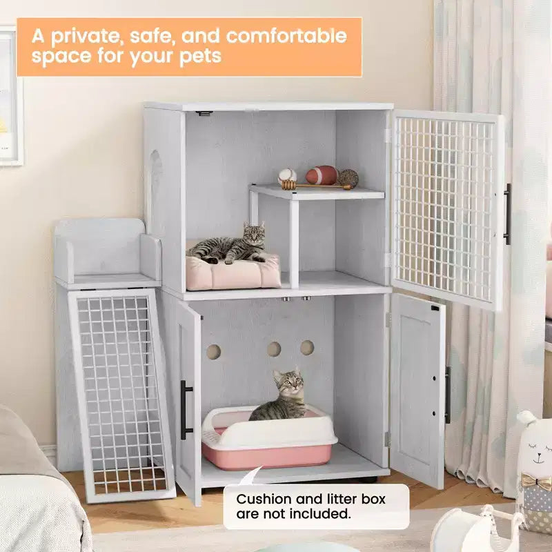Meuble de litière pour chat, cache-litière 106,4 cm - Maison de chat moderne à double couche avec échelle-plateforme, villa de toilettage intérieure, armoire