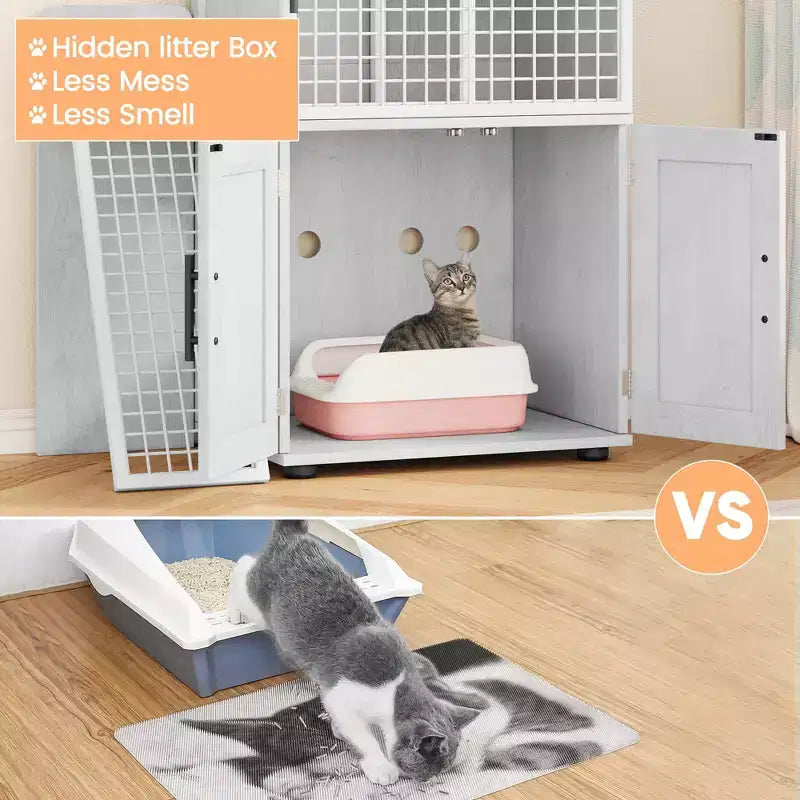 Meuble de litière pour chat, cache-litière 106,4 cm - Maison de chat moderne à double couche avec échelle-plateforme, villa de toilettage intérieure, armoire