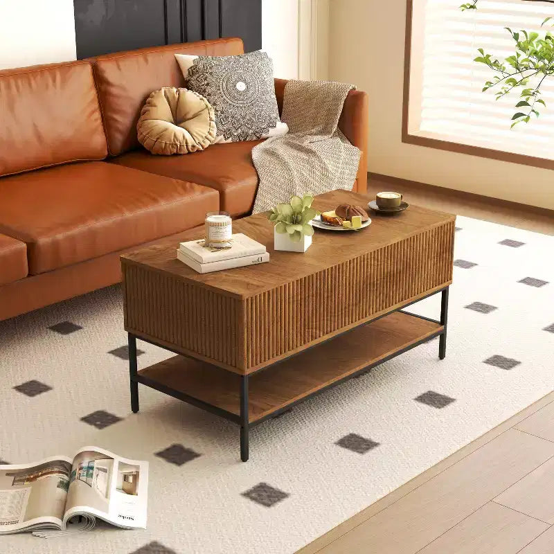 GDFStudio Sorren Rustic Lift-Top Coffee Table with Hidden Storage and Two-Tier Shelf