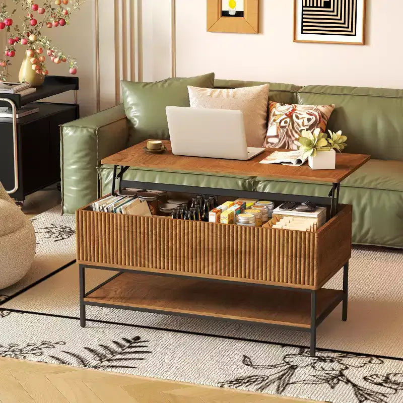 Table basse rustique relevable avec rangement dissimulé et étagère à deux niveaux