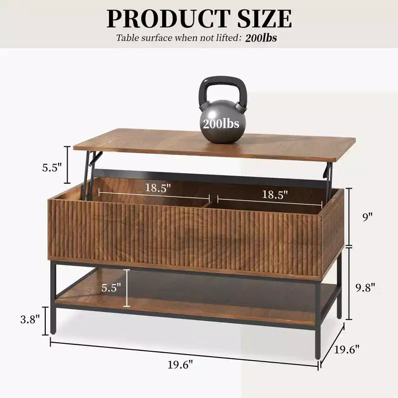 Table basse rustique relevable avec rangement dissimulé et étagère à deux niveaux