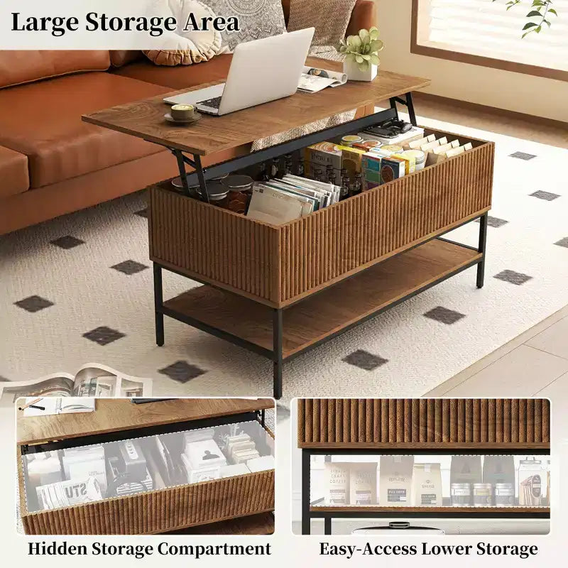 Table basse rustique relevable avec rangement dissimulé et étagère à deux niveaux