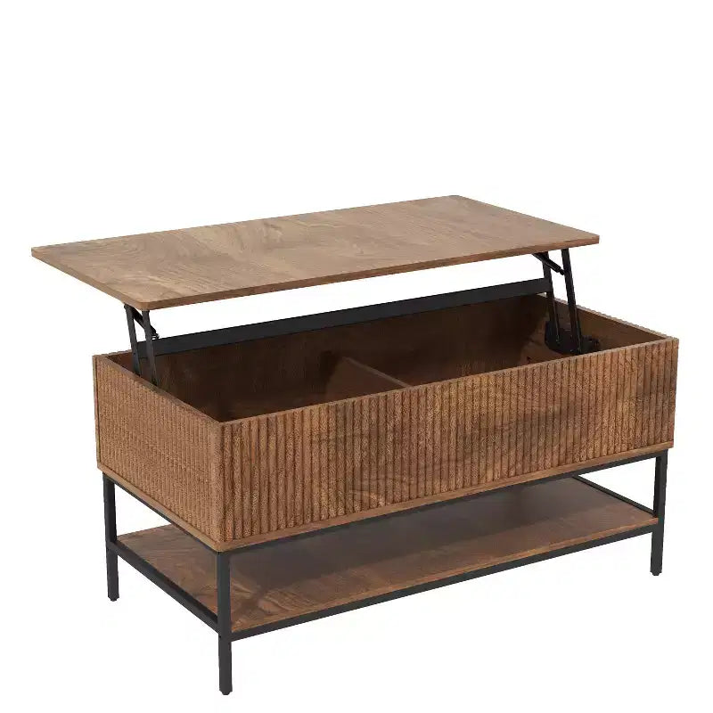 Table basse rustique relevable avec rangement dissimulé et étagère à deux niveaux
