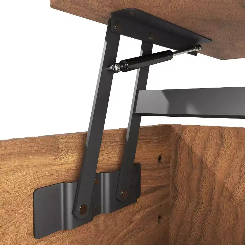 Table basse rustique relevable avec rangement dissimulé et étagère à deux niveaux