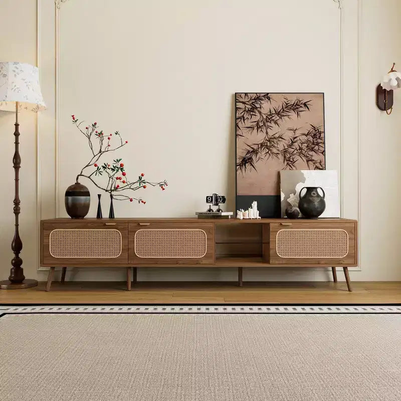 Mid Century TV Stand with Doors for 85 inch TV, Wood TV Storage Cabinet Table with Solid Wood Legs for Living Room, Walnut